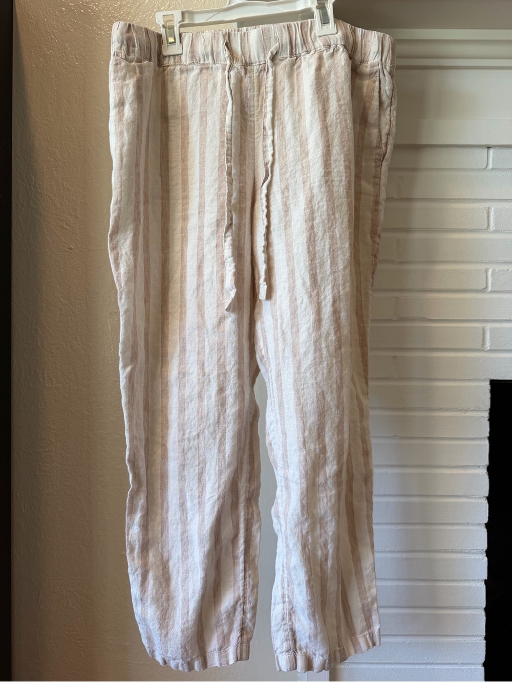 Mango Basics 100% Linen Cream Ivory Striped Drawstring Pants Size Large